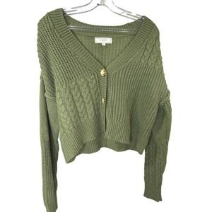 No Comment NY/LA Medium Olive  Cable Knit Button Cropped Cardigan Sweater Women